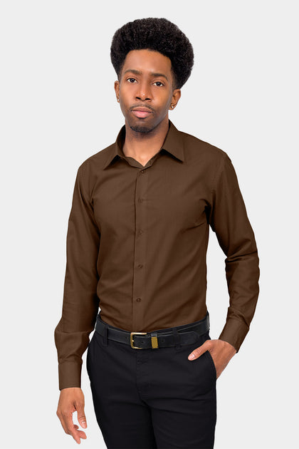 Slim Fit Solid Color Dress Shirt (Brown ...